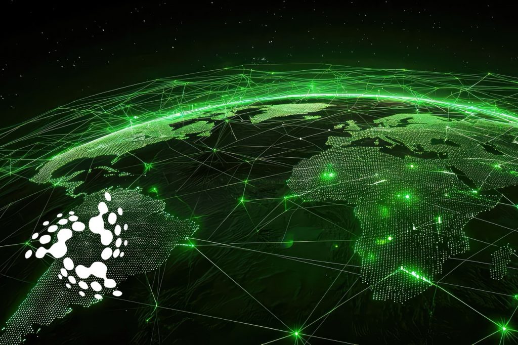 Digital green network overlay connecting continents, symbolizing global green engineering and sustainability integration.