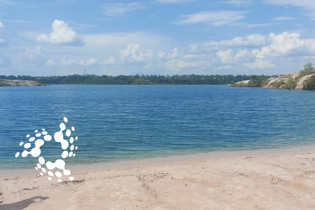 Scenic view of Blue Lakes in Linden, Guyana, with calm turquoise water under a partly cloudy sky.