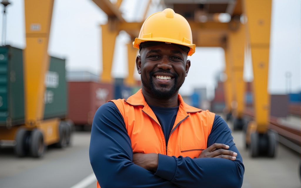 Smiling offshore safety worker in Guyana wearing hard hat and orange vest at port facility