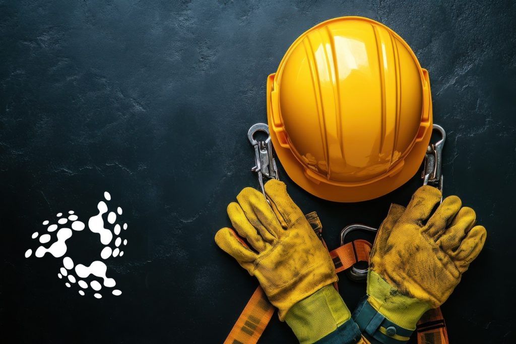 Offshore health and safety equipment in Guyana oil industry — yellow hard hat, gloves, and safety harness